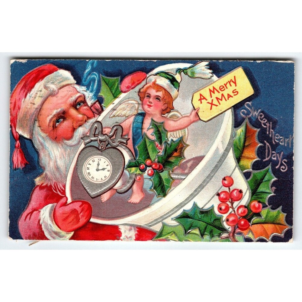 Vintage 1911 Santa Claus Cherub Angel Christmas Postcard Sweetheart Days Emboss